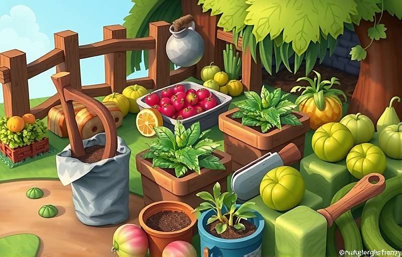 Fenugreek Frenzy Organic Farming Mode Concept art for Fenugreek Frenzy's upcoming Organic Farming Mode showing traditional farming tools and natural fertilizers