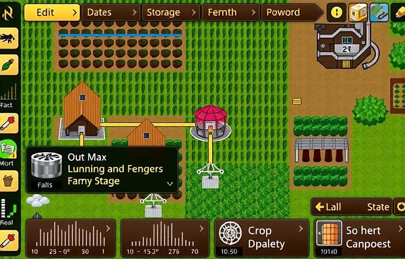 Fenugreek Frenzy Farm Management Fenugreek Frenzy farm management interface showing irrigation systems, crop quality indicators and storage facilities